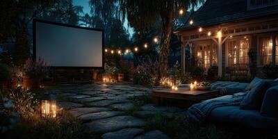 Outdoor movie night setup with lights and cozy seating in a garden at twilight photo