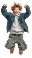 Child joyfully jumping in casual outfit showing excitement and happiness indoors photo