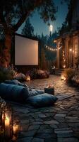 Outdoor movie night setup in a cozy garden under moonlight with soft seating and twinkling lights photo