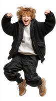 Energetic young person jumping joyfully in casual winter attire against a plain background photo