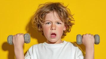Young boy lifting weights against a bright yellow background, showcasing his determination and strength during a fitness activity photo