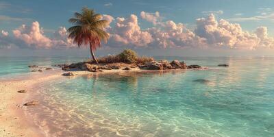 Beautiful tropical island with palm tree and turquoise waters under a cloudy sky during the golden hour photo
