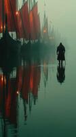 Mysterious figure wades through foggy waters beside Viking ships at twilight photo