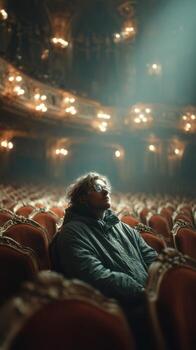 Person seated quietly in an empty theater with ornate decor and soft lighting during the late afternoon photo