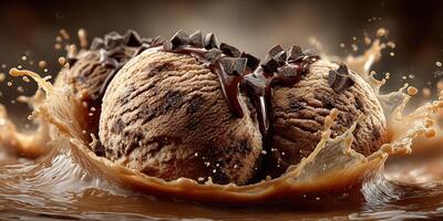 Indulgent chocolate ice cream scoops create a luscious splash in rich chocolate sauce photo