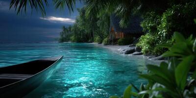 Evening tranquility by the tropical shore with a wooden boat and lush vegetation under a starry sky photo