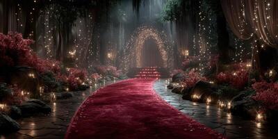Enchanted forest pathway adorned with lights and flowers for a magical celebration at dusk photo