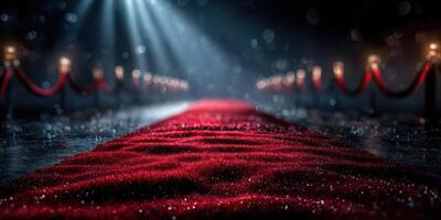 Red carpet leading to an elegant event venue illuminated by soft lights and surrounded by glamorous decoration photo