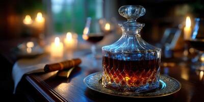 Elegant whiskey decanter on a wooden table surrounded by glowing candles in a cozy evening setting photo