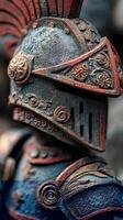 Detailed close-up of a beautifully crafted knight statue showcasing intricate armor design in natural light photo