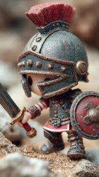 Miniature Roman soldier figure equipped with sword and shield in a rocky environment during daylight photo