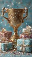 Celebration with a golden trophy surrounded by colorful gifts and confetti in a festive setting photo