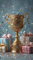 Golden trophy surrounded by colorful gifts and confetti for a celebratory event in a festive atmosphere photo