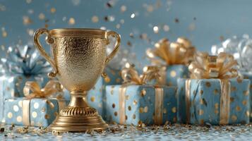 Celebration of achievement with a golden trophy and wrapped gifts on a festive background photo