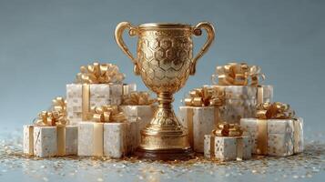 Luxurious golden trophy surrounded by beautifully wrapped gift boxes for a celebratory event photo