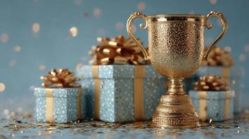Golden trophy surrounded by decorated gifts on blue background during festive celebration photo