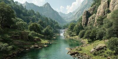 Majestic waterfall cascading into a serene river surrounded by lush mountains and greenery in a tranquil setting photo