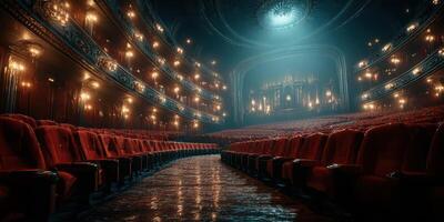 Vintage theater interior with red velvet seats and dramatic lighting creates an inviting atmosphere for performances photo