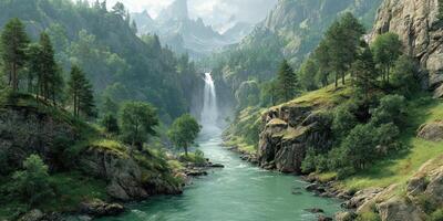 Majestic waterfall cascading through lush green valley in a mountainous landscape photo