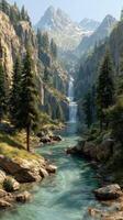 Majestic waterfall cascading through rocky valley surrounded by towering mountains and lush greenery in bright sunlight photo