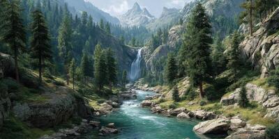 Serene mountain landscape featuring a flowing river and cascading waterfall surrounded by lush greenery photo