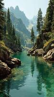 Stunning mountain lake reflecting pine trees and rocky cliffs in a serene nature setting photo