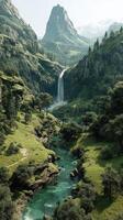Majestic waterfall cascading through a lush valley surrounded by towering mountains photo