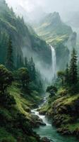 Waterfall cascades through lush green mountains in a misty valley under a cloudy sky during early morning photo