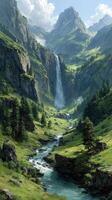 Majestic waterfall cascading through a lush valley surrounded by towering mountains during a sunny day photo