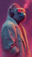 Gorilla wearing sunglasses and headphones stands confidently in a colorful, smoky background at dusk photo