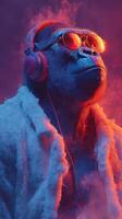 Gorilla enjoying music with headphones in a vibrant, artistic setting at nighttime photo