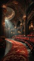 Elegant interior of a vintage theater showcasing intricate architecture and warm lighting during an evening performance photo