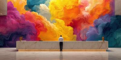 Modern lobby with colorful abstract mural and receptionist engaging with visitors in a vibrant setting photo