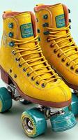 Bright yellow roller skates on teal wheels showcase retro design and style photo