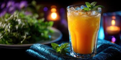 Fresh orange juice garnished with mint alongside a vibrant salad in a cozy setting at night photo