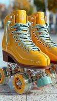 Colorful roller skates on display, showcasing bright yellow and teal design in an urban setting during daylight photo
