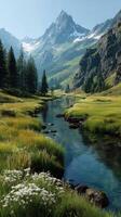 Mountain landscape with a clear stream surrounded by lush greenery and towering peaks on a sunny day photo