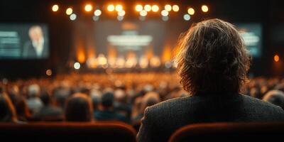 Crowd engaged in inspiring speech during conference at a large auditorium in the evening photo