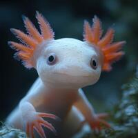 Unique axolotl with vibrant pink gills exploring its freshwater habitat in a serene underwater environment photo