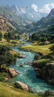 Majestic river flowing through lush valley with mountains in the background on a sunny day photo