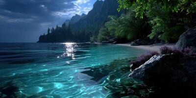 Serene mountain lake under moonlight with sparkling water and lush vegetation in a tranquil setting photo