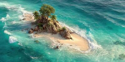 Small tropical island surrounded by clear turquoise water and gentle waves during sunny daylight hours photo
