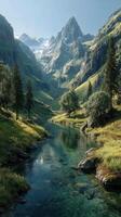 Scenic mountain valley with clear river and lush greenery on a sunny day photo