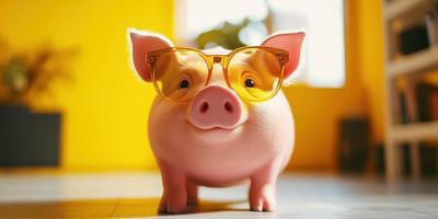 Playful pig wearing yellow glasses in a bright indoor setting on a sunny day photo