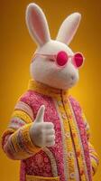 Rabbit character in stylish pink sunglasses and colorful jacket poses confidently against a bright yellow backdrop photo