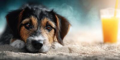 Dog relaxing on sandy beach with bright drink nearby during sunny afternoon photo