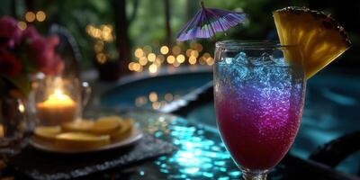 Colorful tropical cocktail served poolside with decorative garnishes during an evening gathering photo
