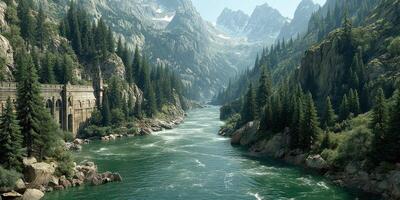 Cascading river flows through a lush valley surrounded by majestic mountains in the early morning light photo