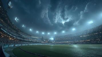 Thunderstorm looms over a packed stadium during a nighttime sporting event with bright lights illuminating the field photo