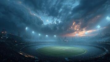 Dramatic sunset clouds over a packed cricket stadium during an evening match in an urban setting photo